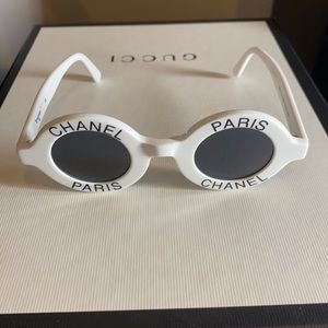 ICONIC CHANEL LOGO Round Sunglasses White RARE